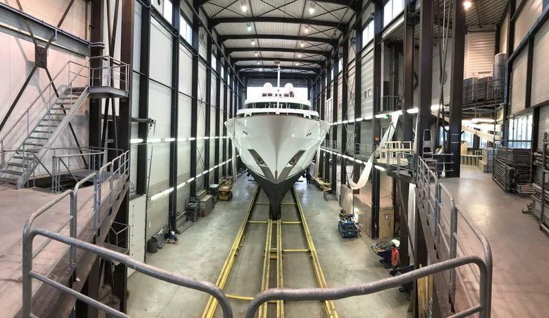 a large factory with a large white tank in it aboard DANCING HARE Yacht for Sale