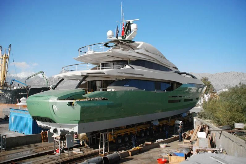 a large boat on a trailer aboard ALMAHA Yacht for Sale