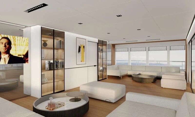 a modern looking living room aboard SPACECAT Yacht for Sale