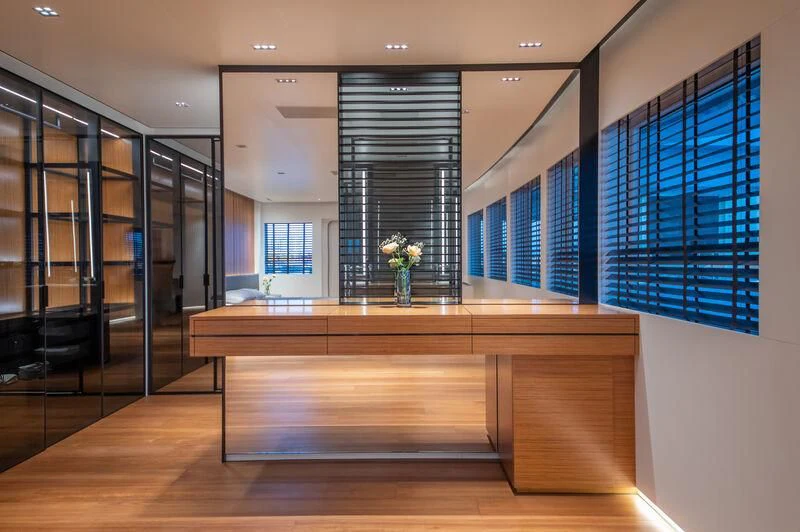 a room with a large counter and cabinets aboard SPACECAT Yacht for Sale