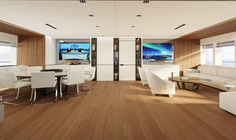 a room with a large screen aboard SPACECAT Yacht for Sale