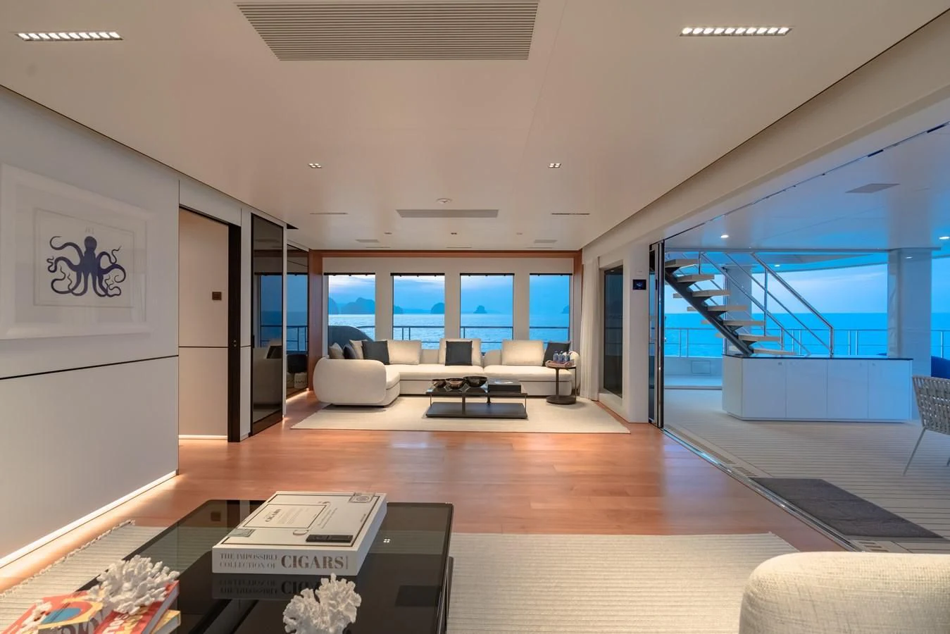 a room with a large window and a large projector screen aboard SPACECAT Yacht for Sale