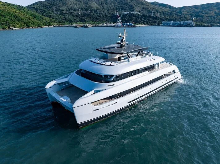 a boat on the water aboard SPACECAT Yacht for Sale