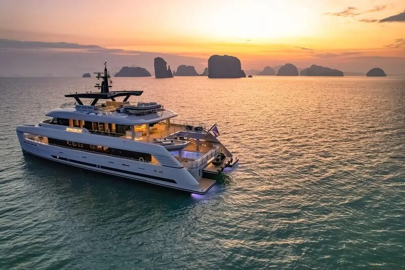 a boat in the water aboard SPACECAT Yacht for Sale