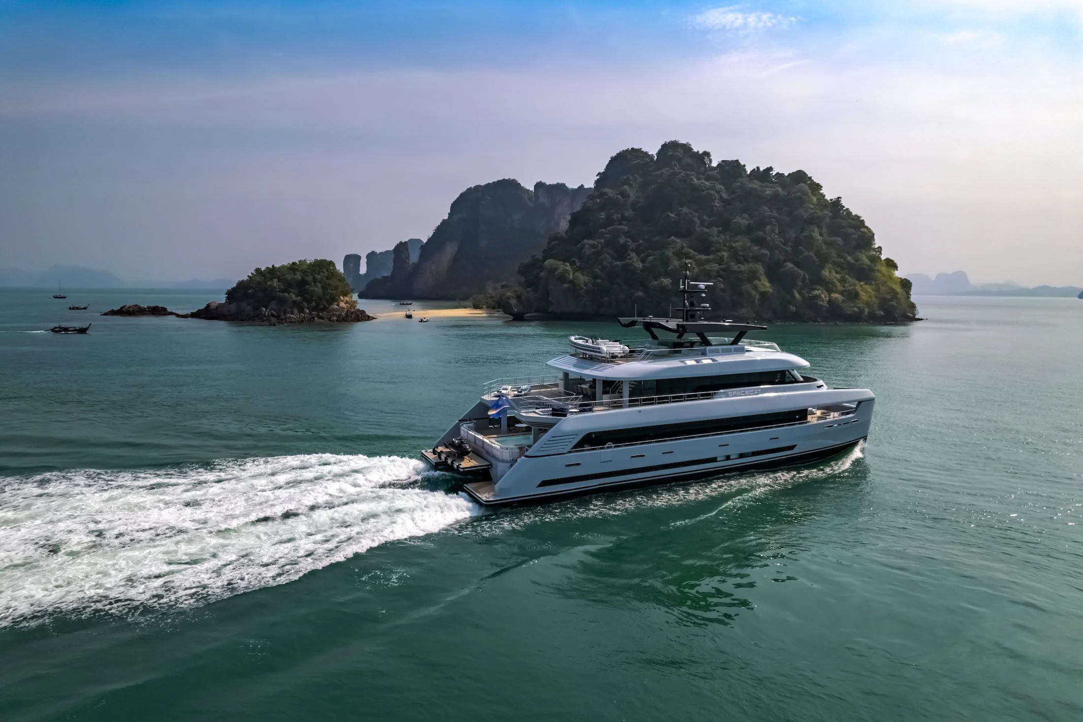 a boat on the water aboard SPACECAT Yacht for Sale