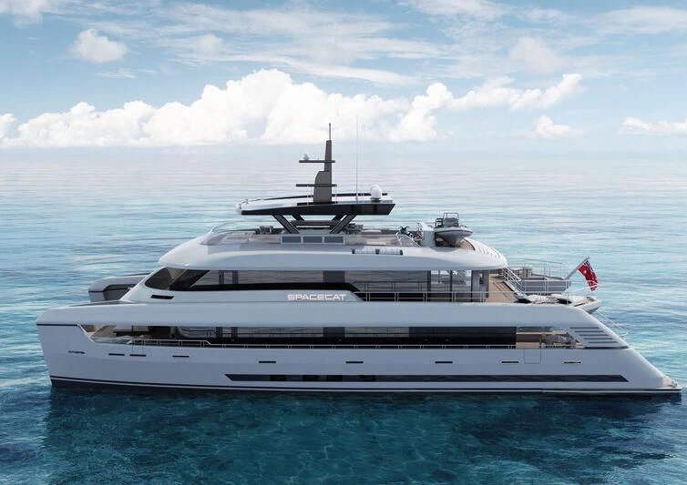 a large white yacht in the water aboard SPACECAT Yacht for Sale