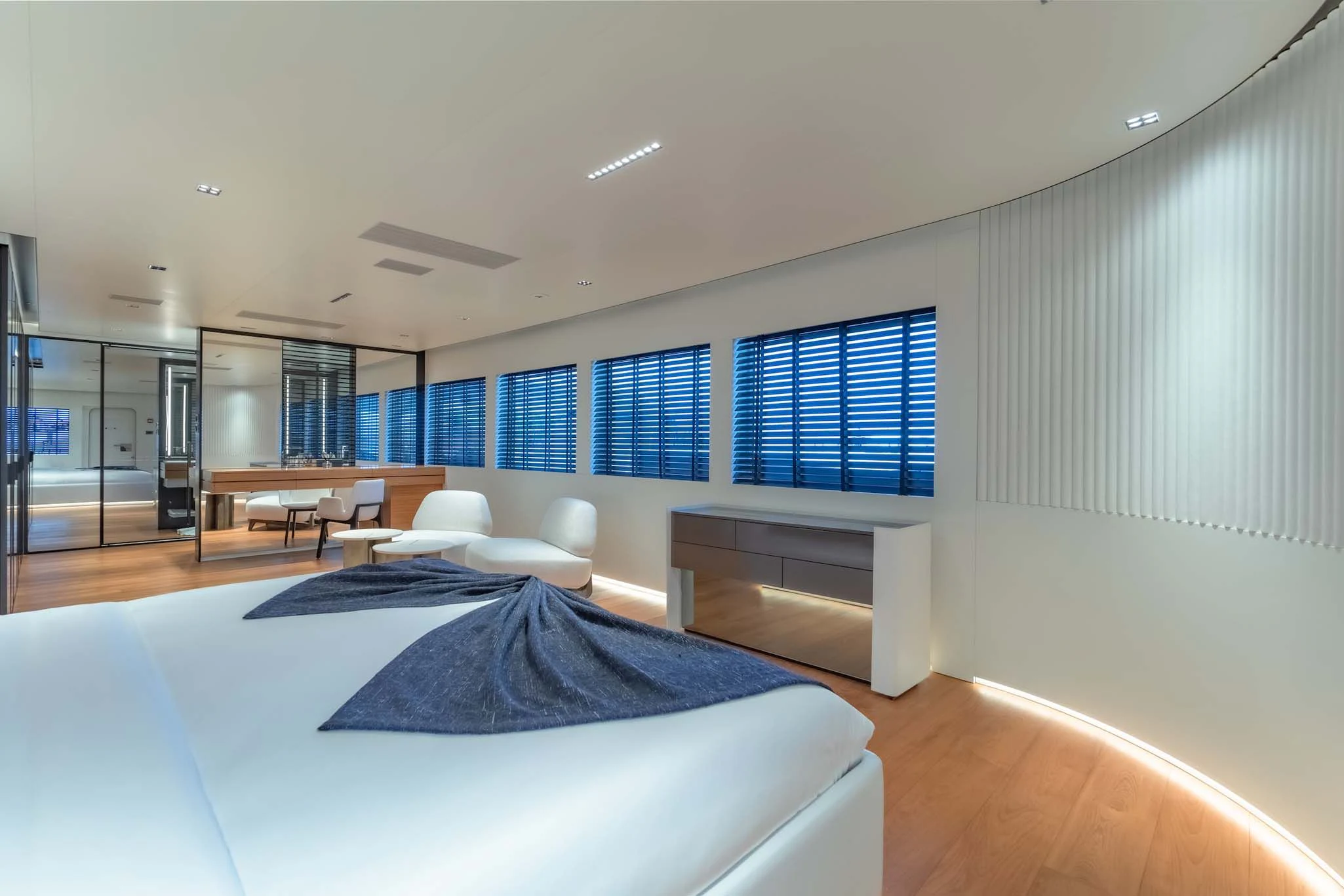 a room with a bed and a desk aboard SPACECAT Yacht for Sale