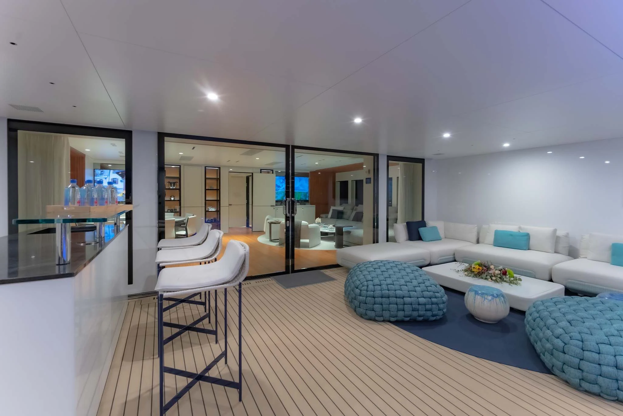 a living room with a large open floor plan aboard SPACECAT Yacht for Sale