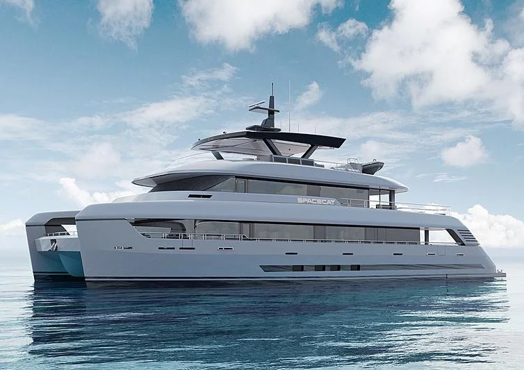 a white yacht on the water aboard SPACECAT Yacht for Sale