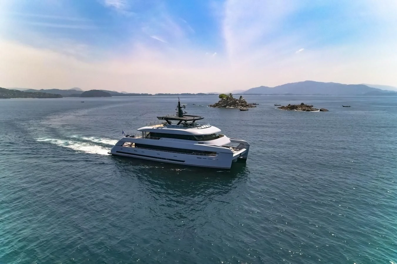 a boat sailing in the sea aboard SPACECAT Yacht for Sale