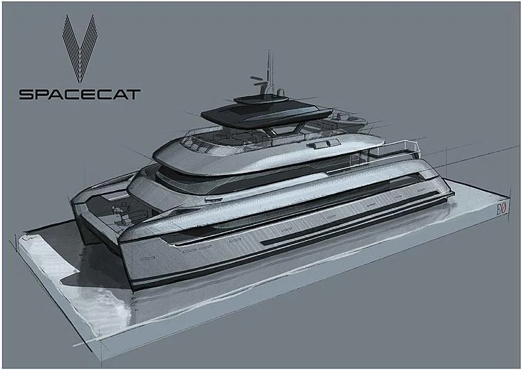 diagram, logo, engineering drawing aboard SPACECAT Yacht for Sale