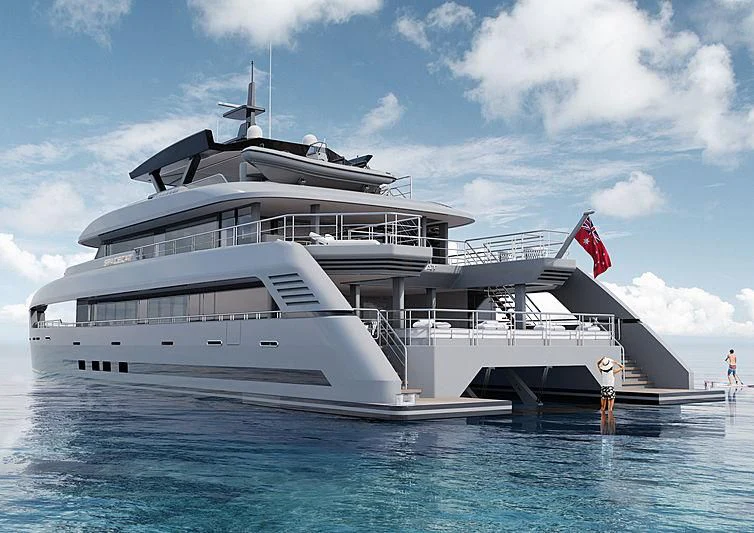 a large white yacht in the water aboard SPACECAT Yacht for Sale