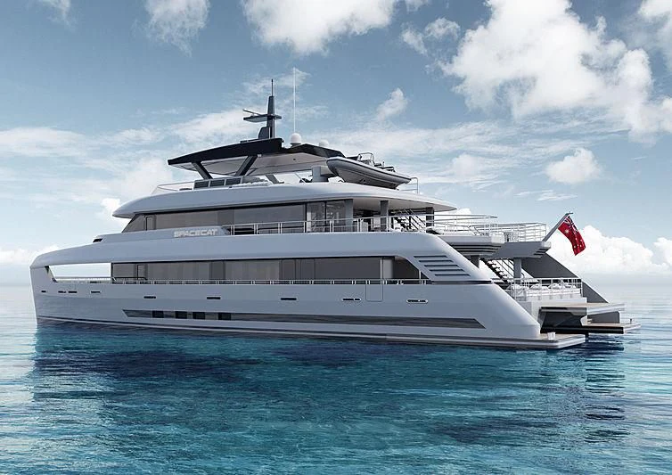 a large white yacht in the water aboard SPACECAT Yacht for Sale