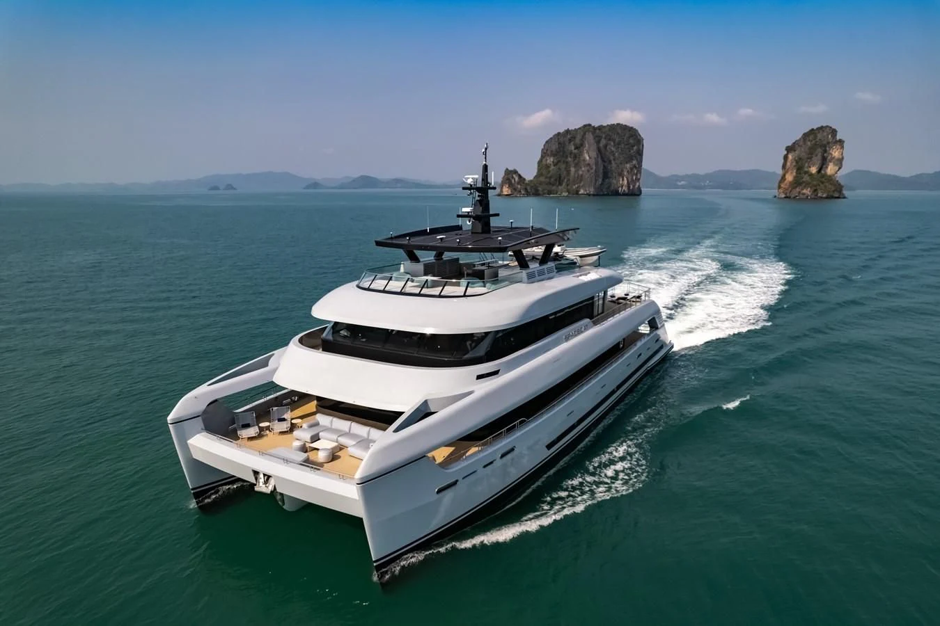 a boat on the water aboard SPACECAT Yacht for Sale