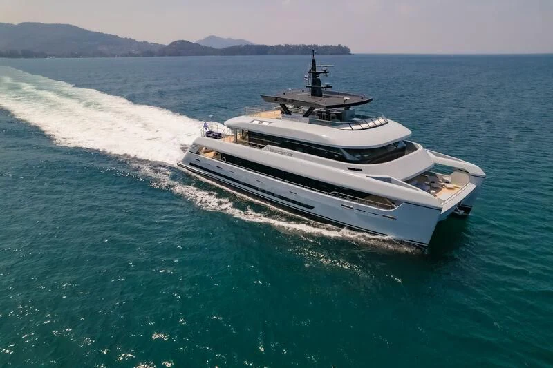 a boat on the water aboard SPACECAT Yacht for Sale