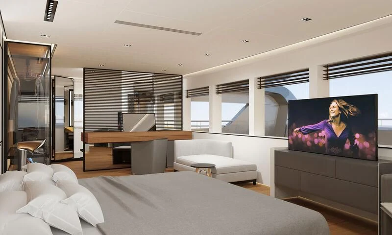 a room with a bed and a desk aboard SPACECAT Yacht for Sale