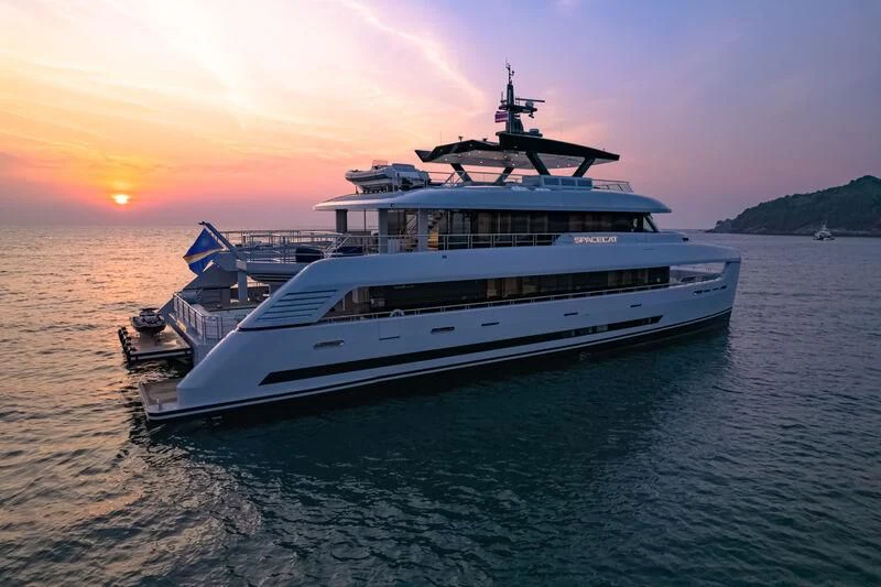 a boat on the water aboard SPACECAT Yacht for Sale
