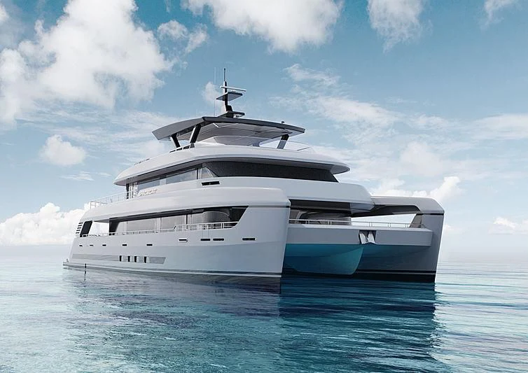 a white yacht in the water aboard SPACECAT Yacht for Sale