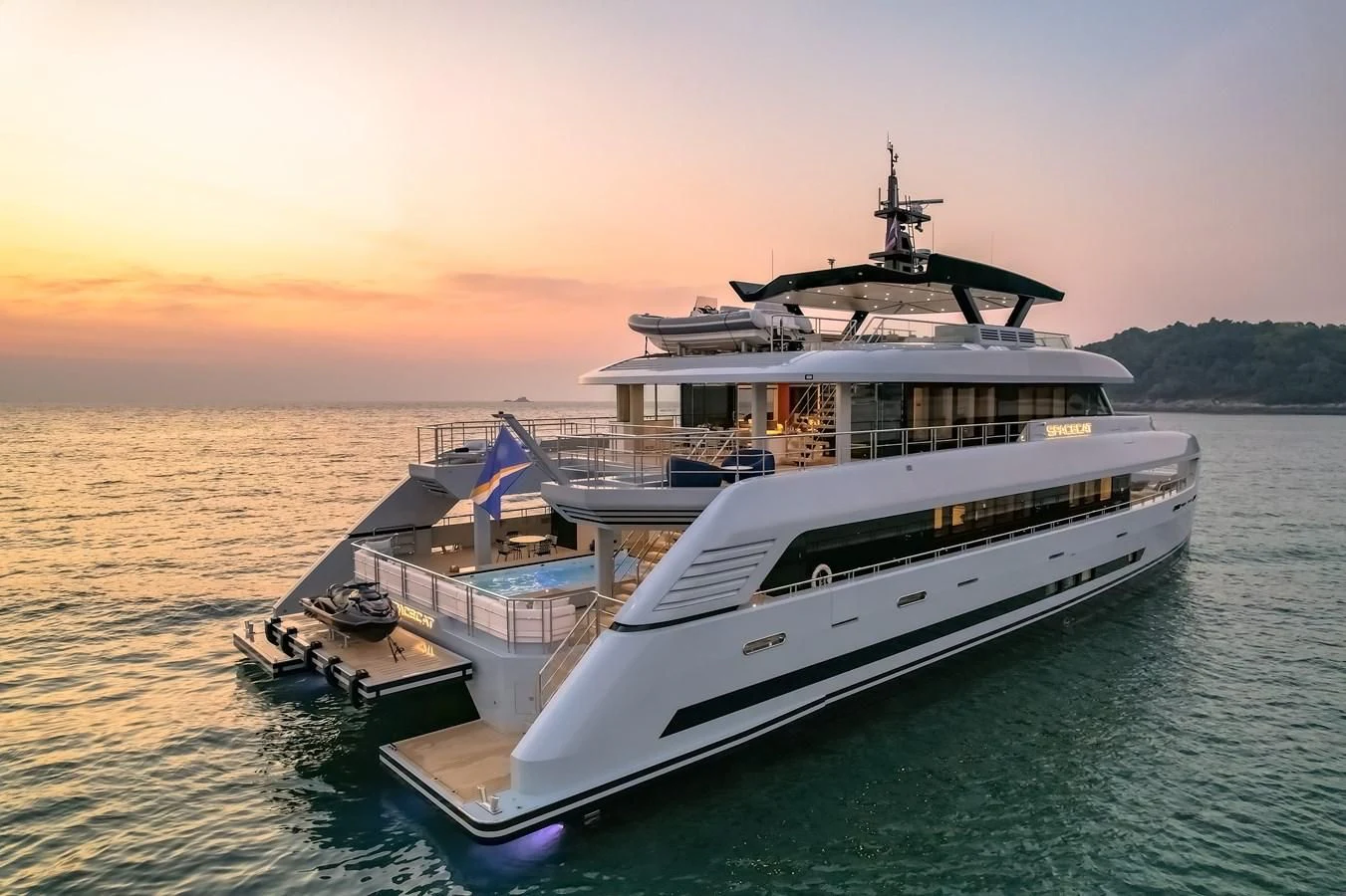 a boat on the water aboard SPACECAT Yacht for Sale