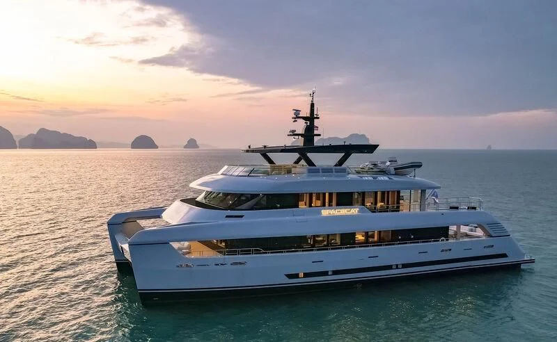 a boat in the water aboard SPACECAT Yacht for Sale