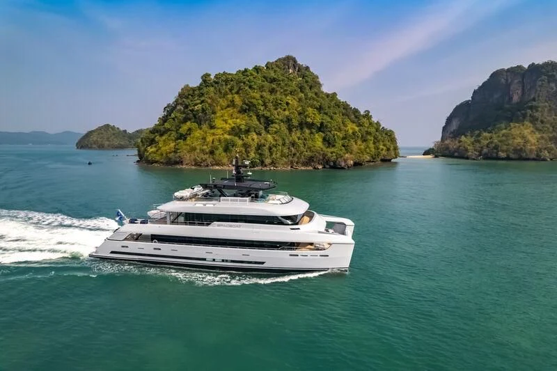 a boat on the water aboard SPACECAT Yacht for Sale