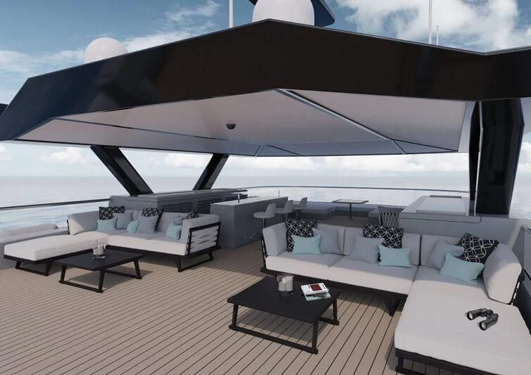 a room with a large white and black roof and a large white lounge chair with a large white aboard SPACECAT Yacht for Sale