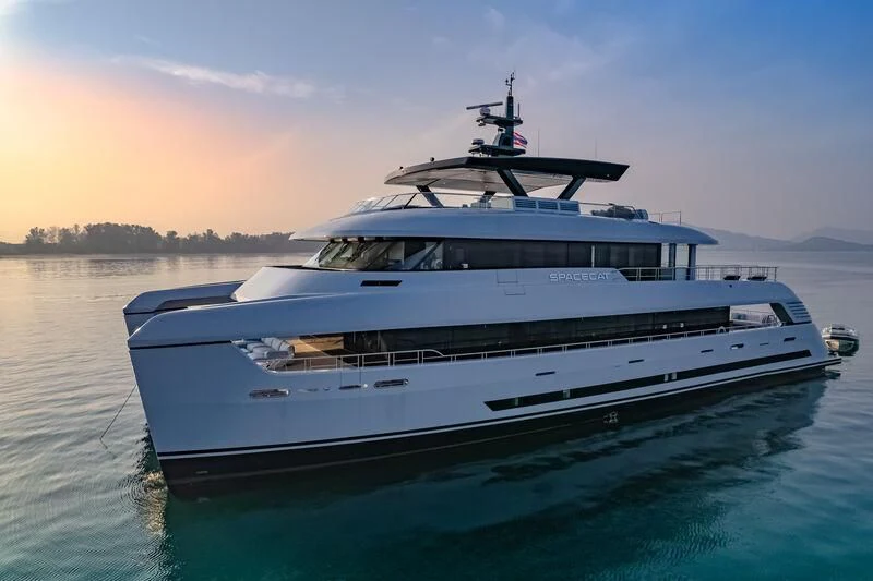 a boat on the water aboard SPACECAT Yacht for Sale