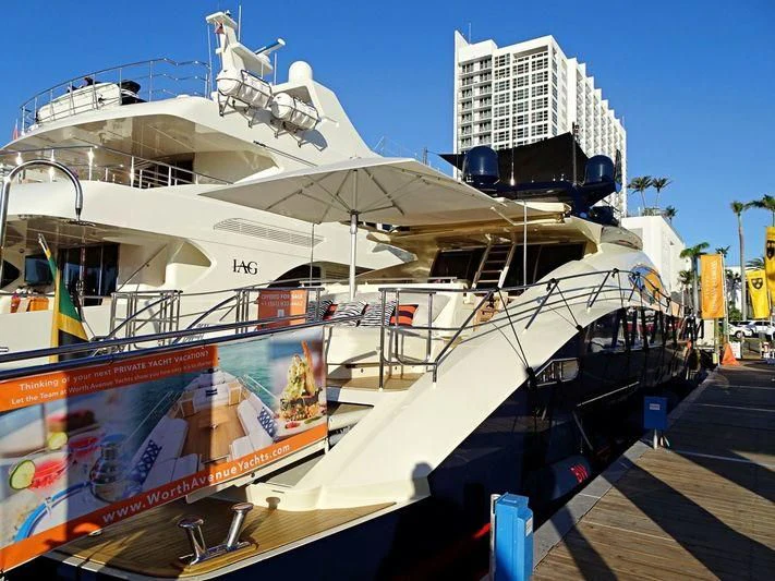 a large boat with a statue on top aboard VANTAGE Yacht for Sale