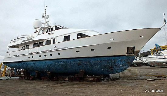 a large boat on the beach aboard RAS Yacht for Sale