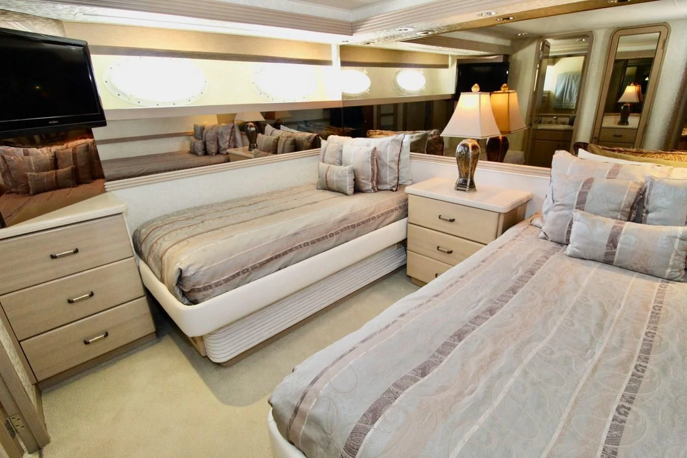 a couple of beds in a hotel room aboard NO EXCEPTIONS Yacht for Sale