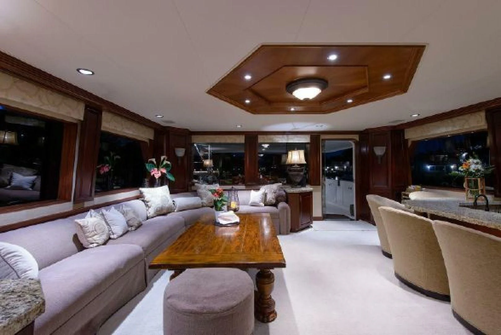 a living room with a large ceiling aboard NO EXCEPTIONS Yacht for Sale