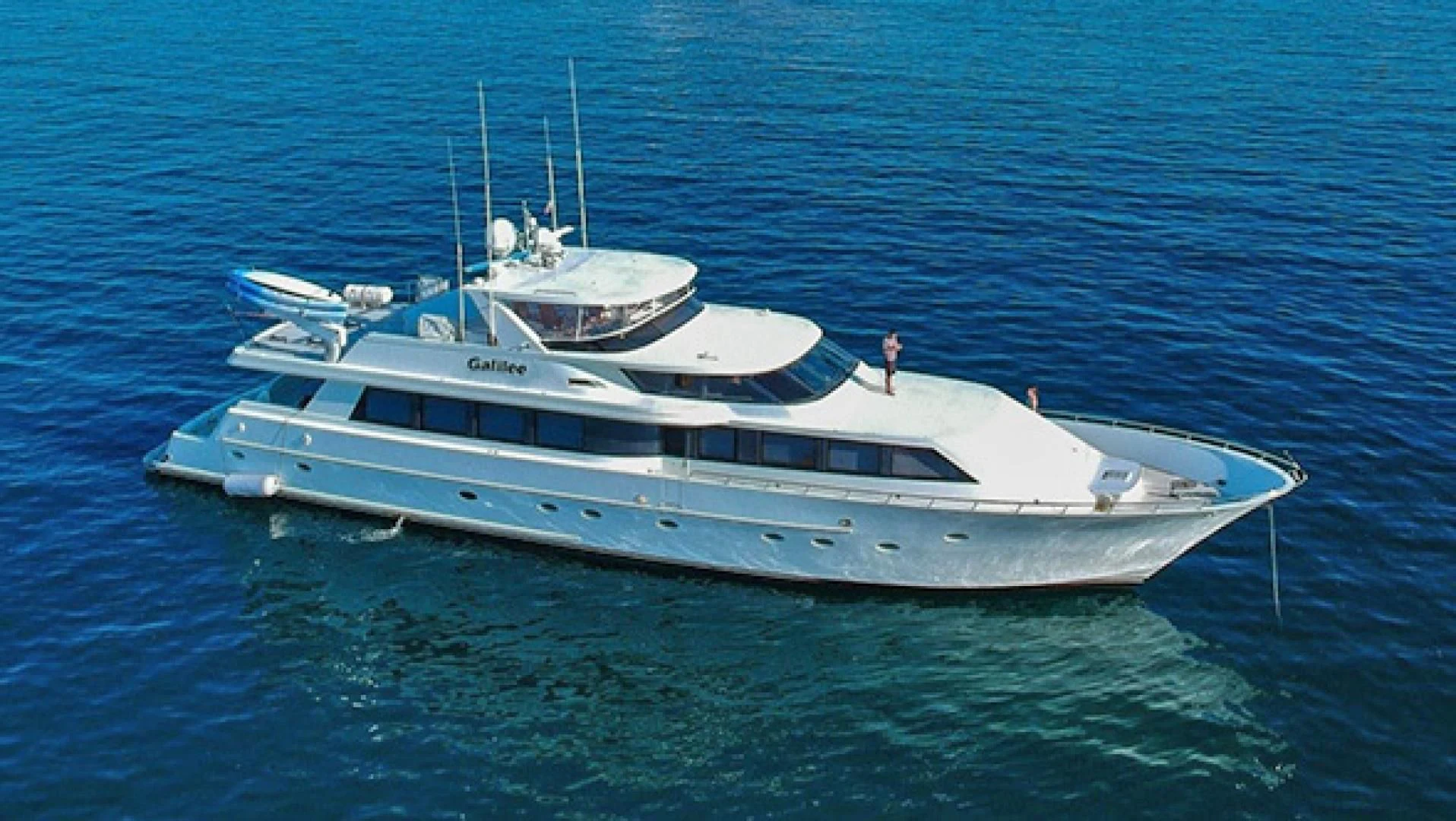 a white boat in the water aboard NO EXCEPTIONS Yacht for Sale