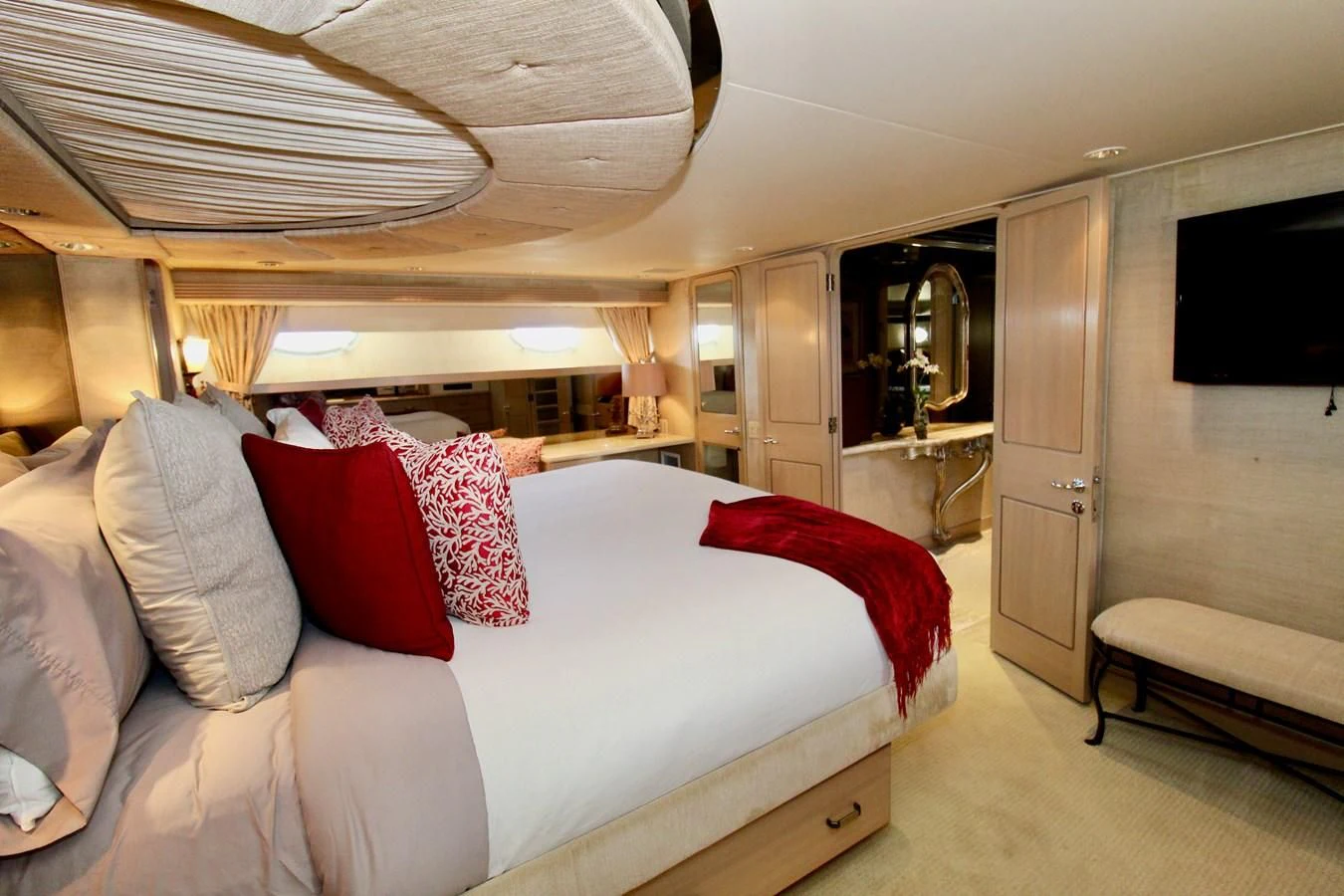 a large bed in a room aboard NO EXCEPTIONS Yacht for Sale