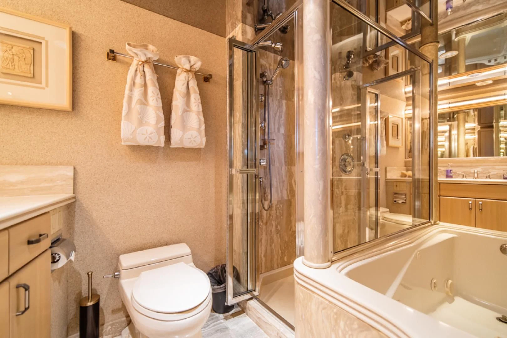 a bathroom with a shower and toilet aboard NO EXCEPTIONS Yacht for Sale