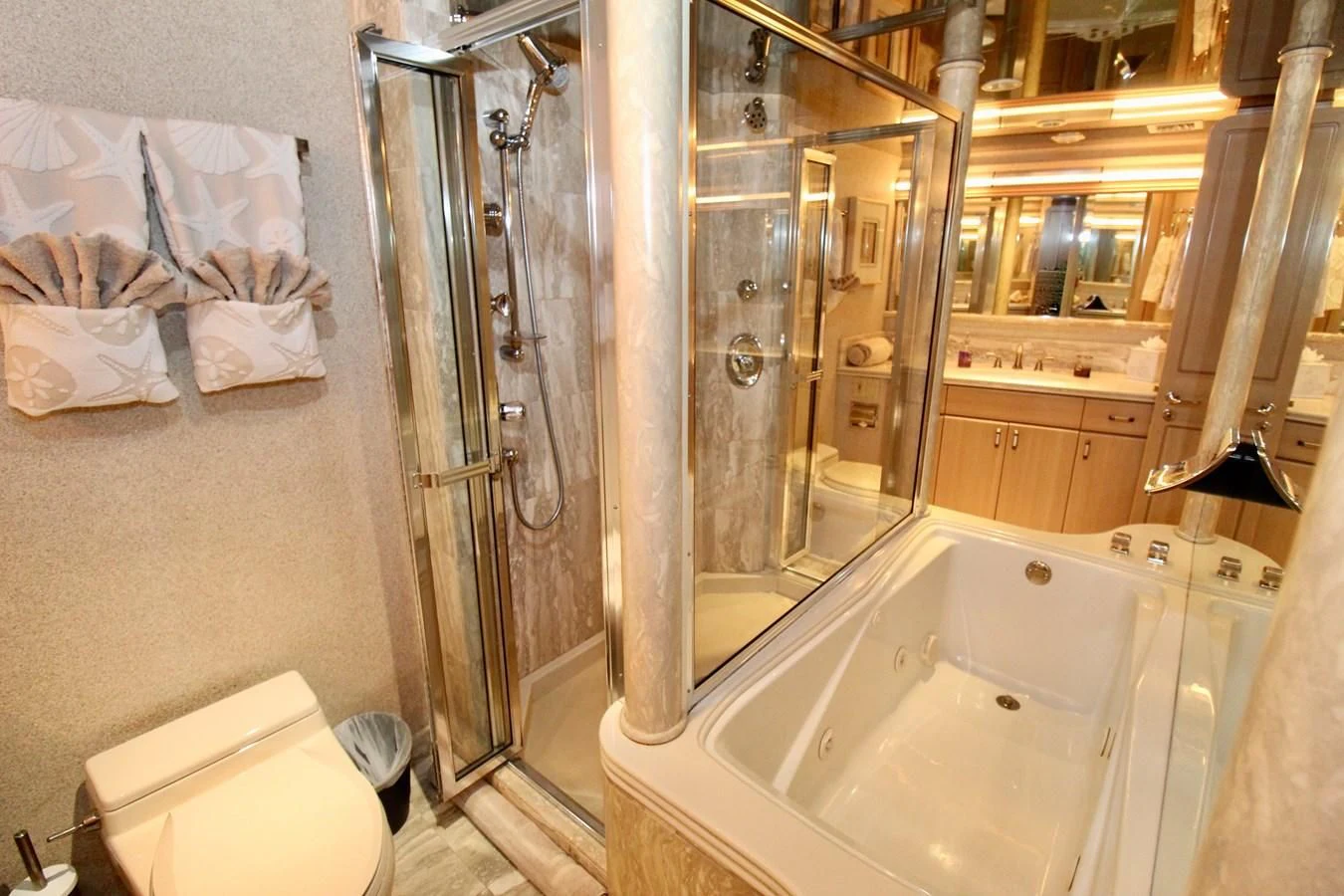 a bathroom with a shower and a toilet aboard NO EXCEPTIONS Yacht for Sale