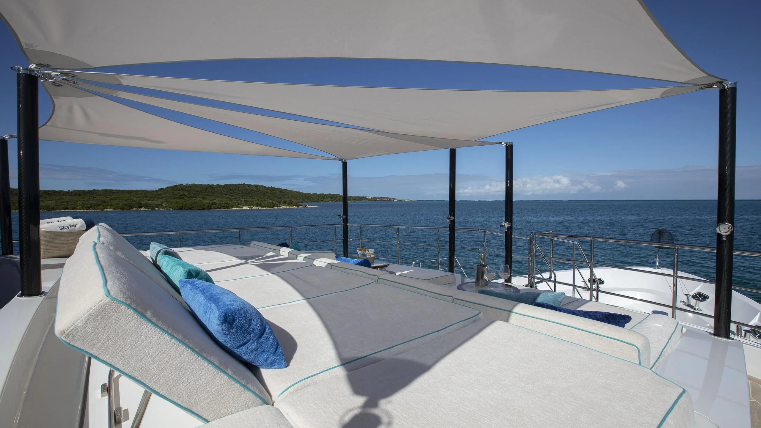 a large white bed on a boat aboard JODI ANN Yacht for Charter