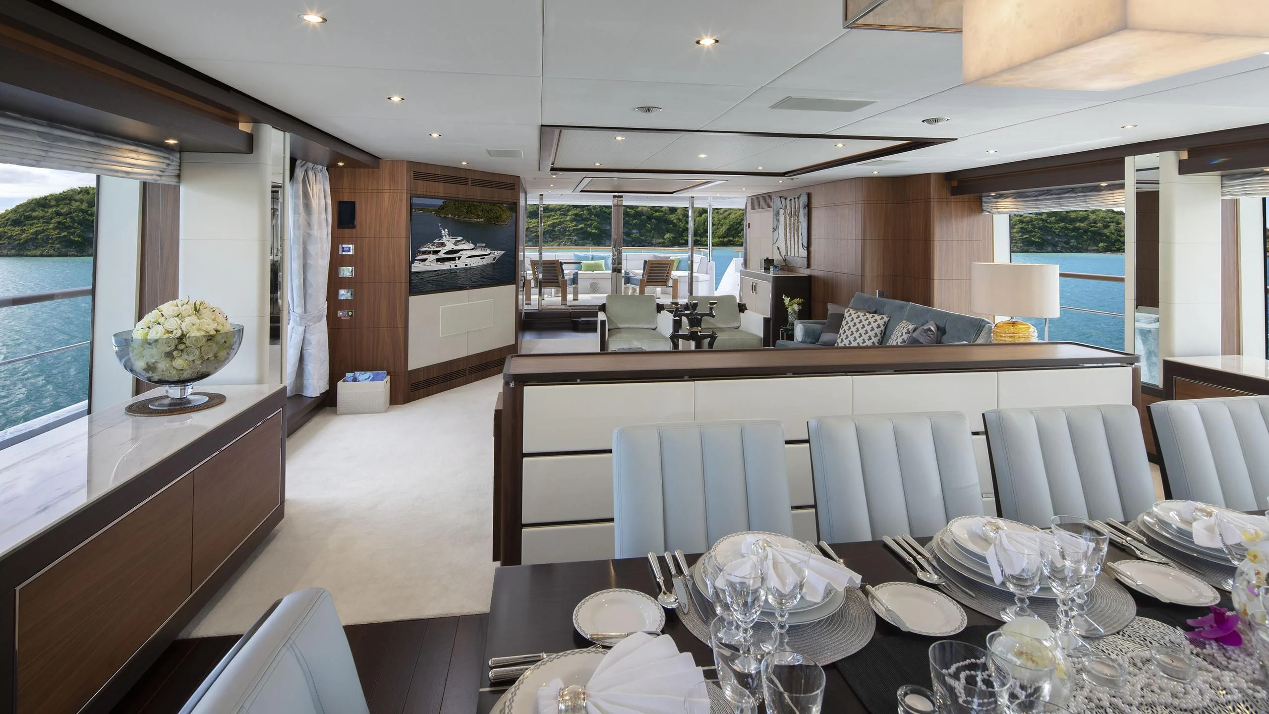 a large kitchen with dining table aboard JODI ANN Yacht for Charter