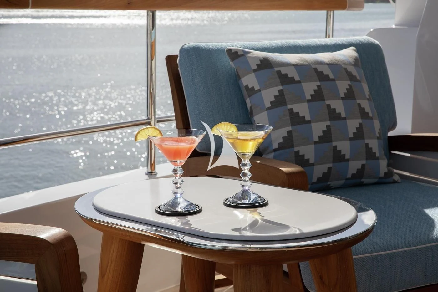 a table with glasses of liquid on it aboard JODI ANN Yacht for Charter