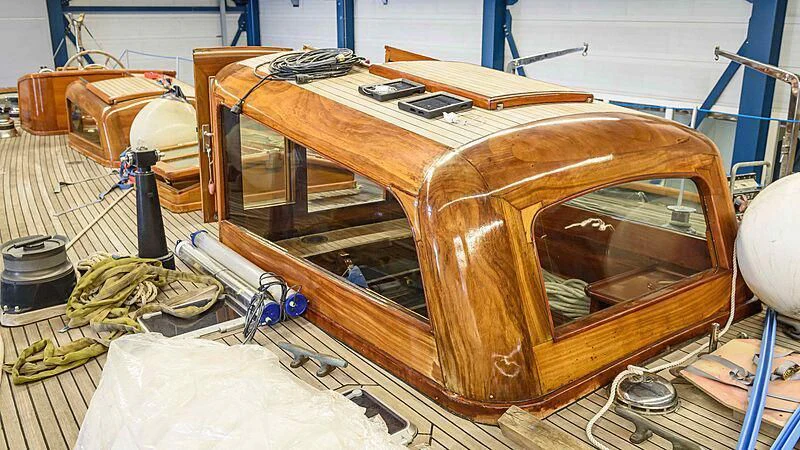 a wooden model of a ship aboard VAGRANT Yacht for Sale