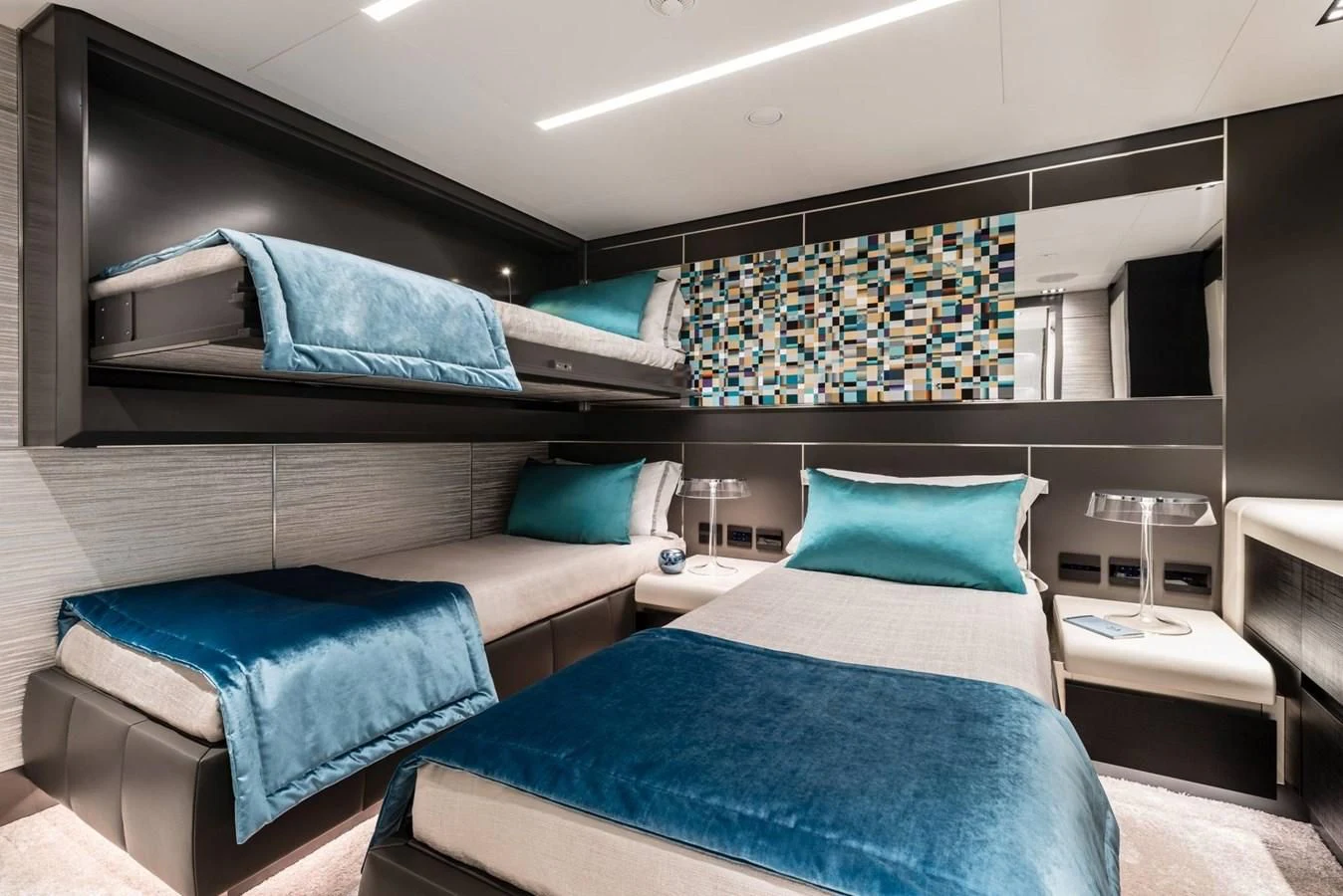a room with two beds aboard TOUCH ME Yacht for Sale