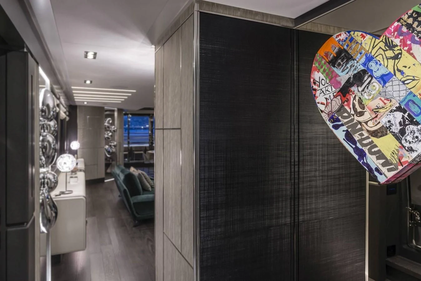a hallway with a glass wall aboard TOUCH ME Yacht for Sale