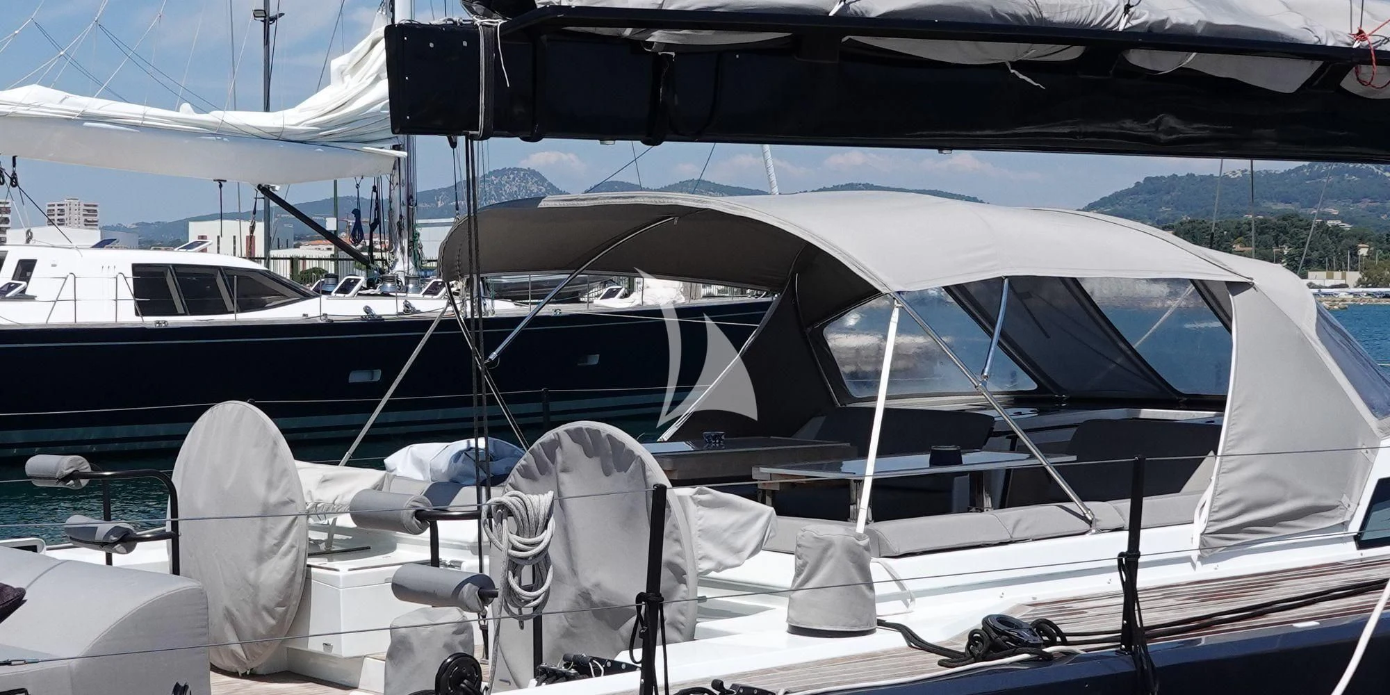 a boat with a canopy aboard LUCE GUIDA Yacht for Sale