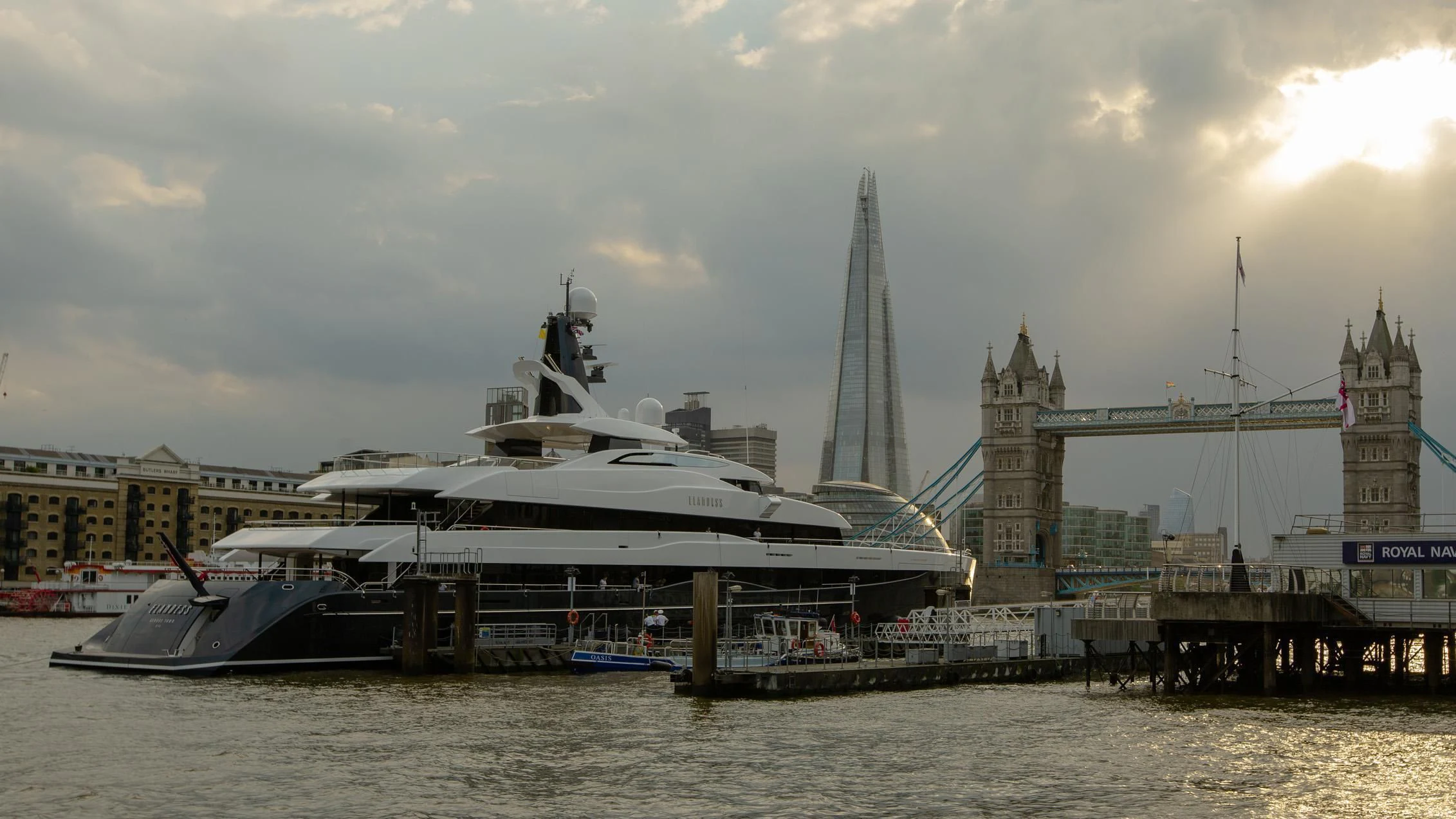 a boat docked at a pier aboard M'BRACE Yacht for Sale