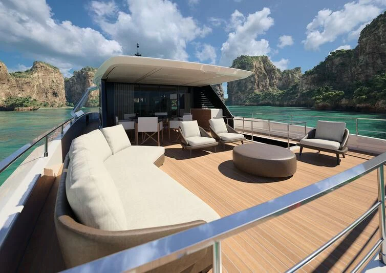 a deck with chairs and a pool aboard INFYNITO 90/01 Yacht for Sale