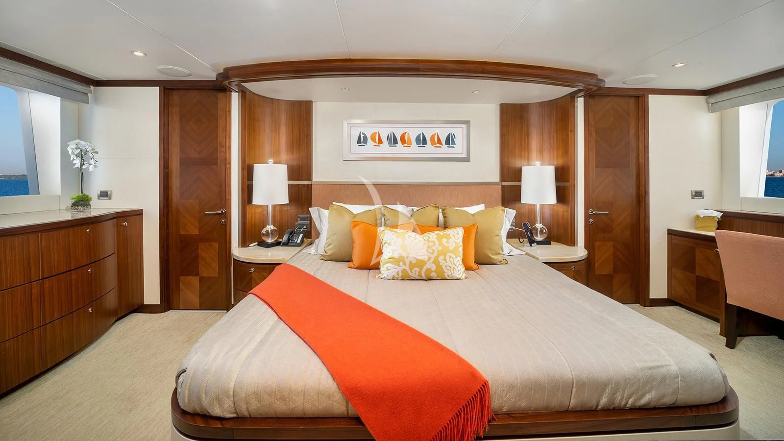 a large bed in a hotel room aboard SEA N SEA Yacht for Sale