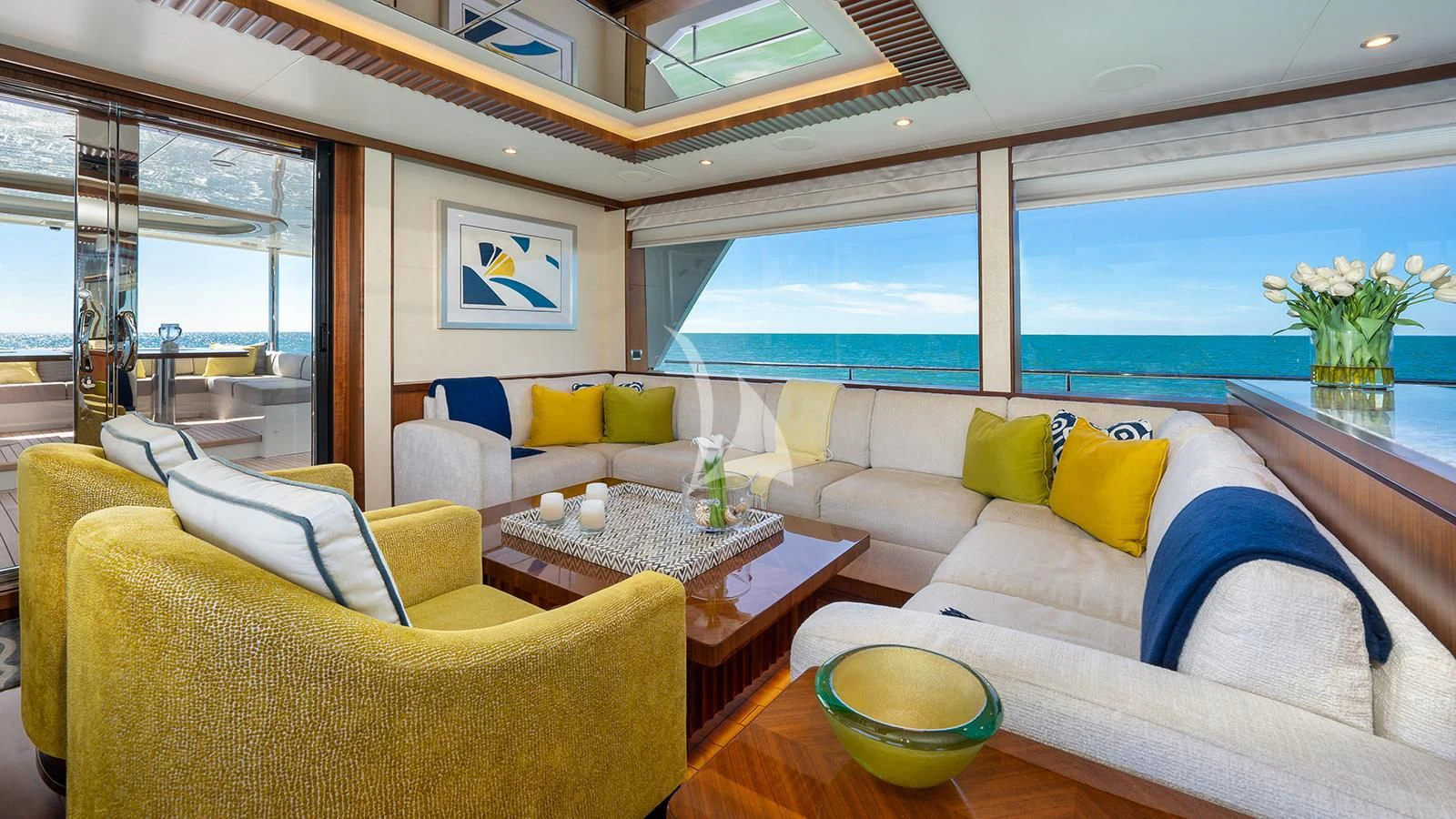 a living room with a large window aboard SEA N SEA Yacht for Sale