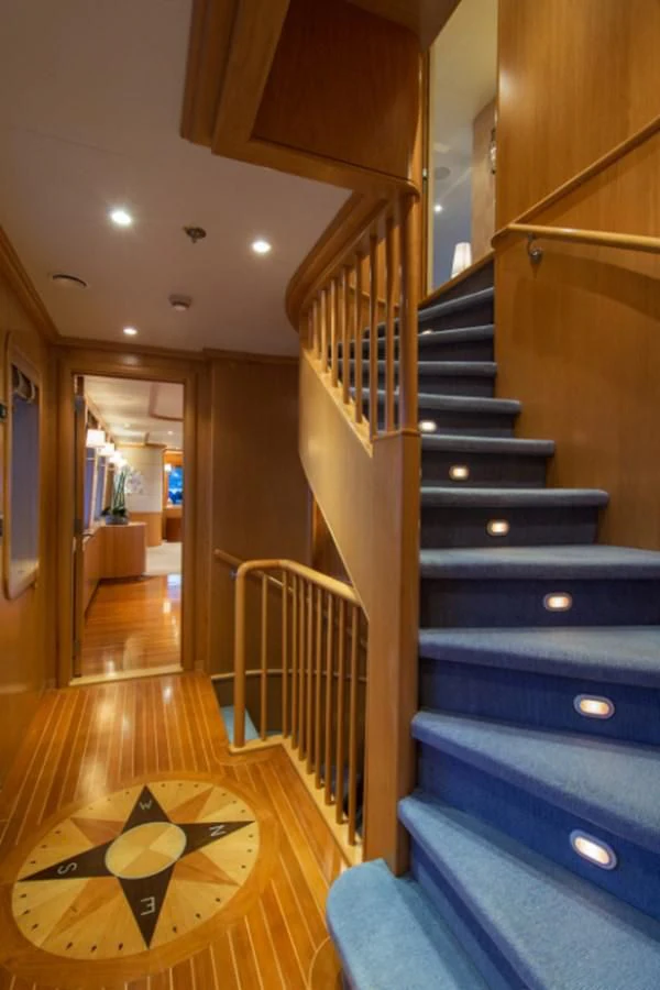 a staircase in a house aboard ADVENTURER Yacht for Sale