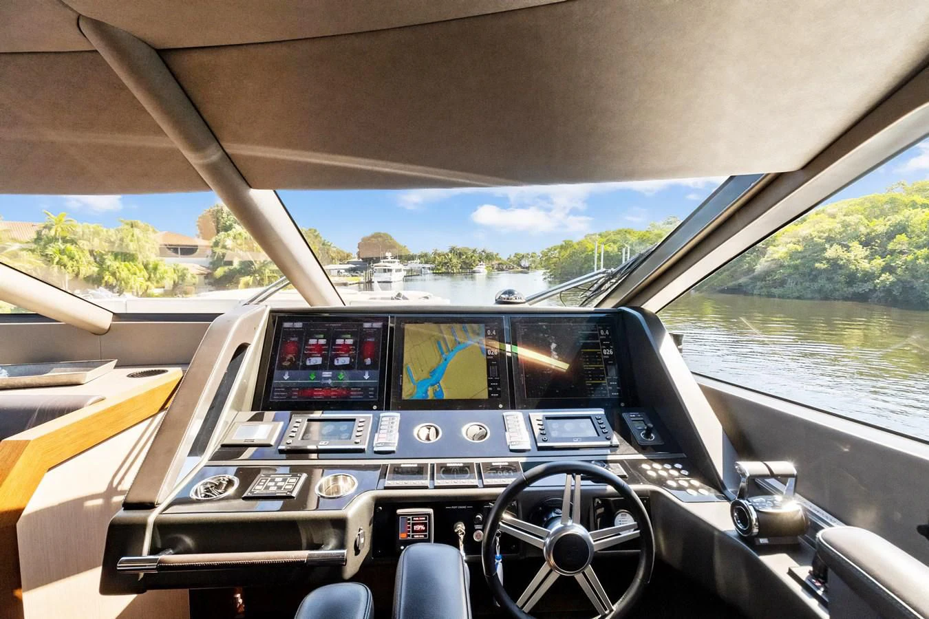 the inside of a car aboard F5 Yacht for Sale