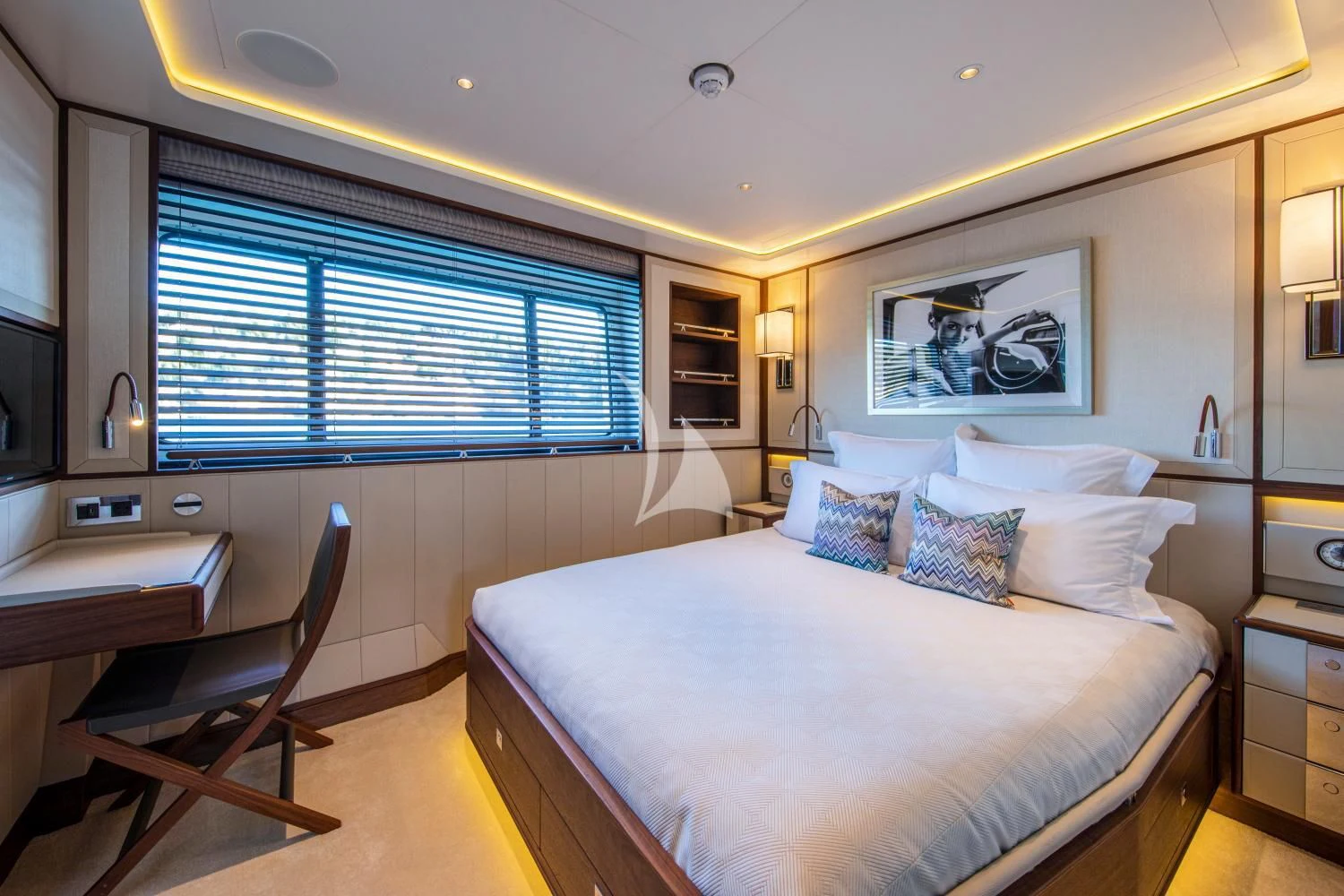 a bedroom with a large bed aboard DELTA ONE Yacht for Charter