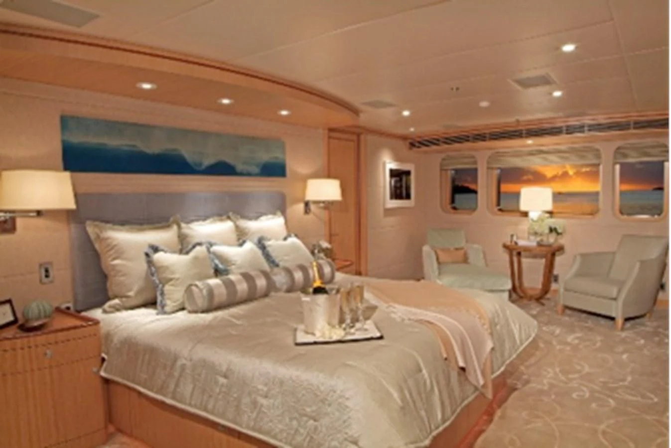 a large bedroom with a large bed aboard HELIOS 2 Yacht for Sale